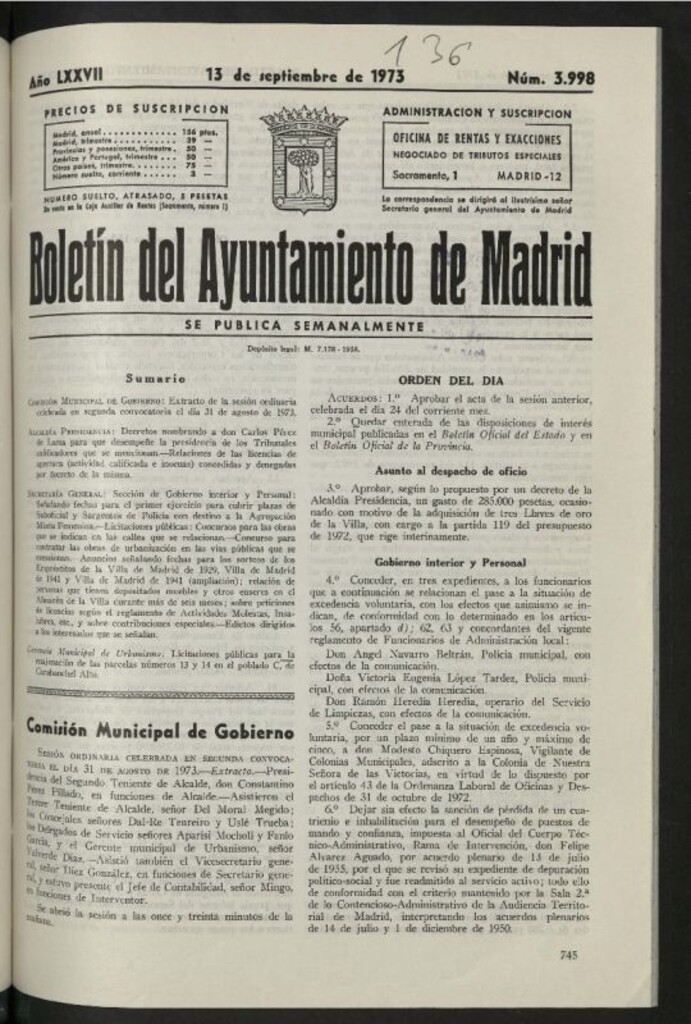 Miniatura de Boletín oficial del Ayuntamiento del 13 de septiembre de 1973, nº 3998