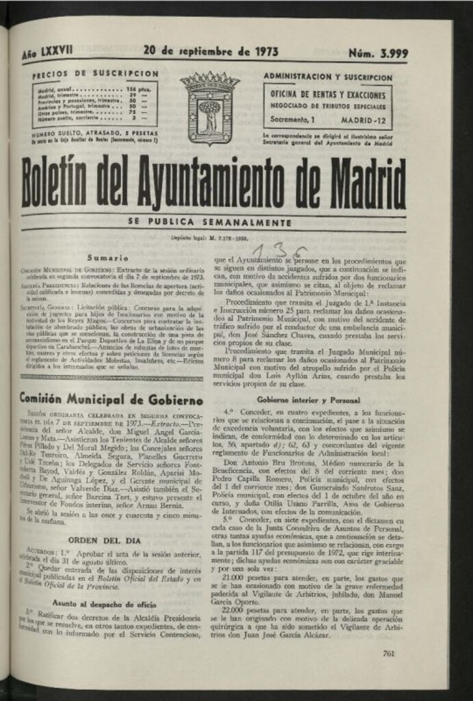 Miniatura de Boletín oficial del Ayuntamiento del 20 de septiembre de 1973, nº 3999