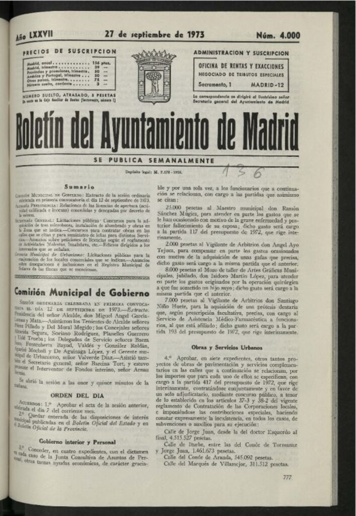 Miniatura de Boletín oficial del Ayuntamiento del 27 de septiembre de 1973, nº 4000