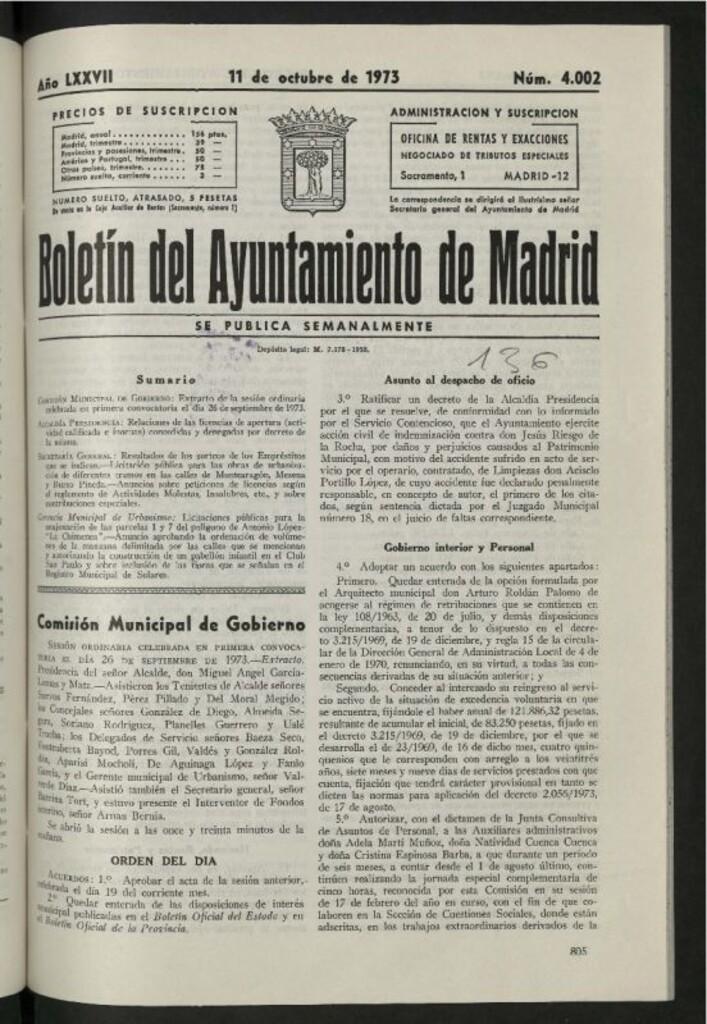Miniatura de Boletín oficial del Ayuntamiento del 11 de octubre de 1973, nº 4002