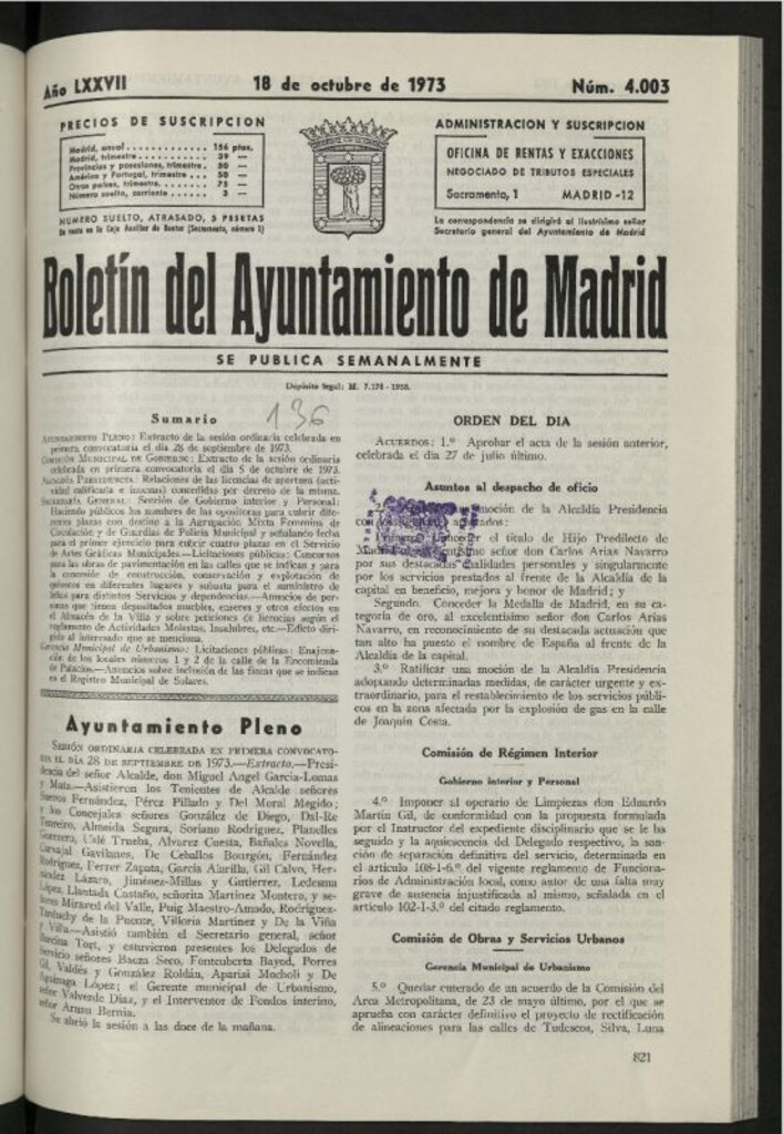 Miniatura de Boletín oficial del Ayuntamiento del 18 de octubre de 1973, nº 4003