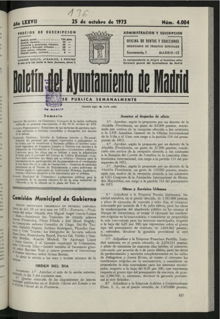 Miniatura de Boletín oficial del Ayuntamiento del 25 de octubre de 1973, nº 4004