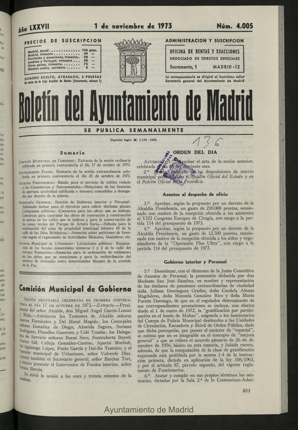 Miniatura de Boletín oficial del Ayuntamiento del 1 de noviembre de 1973, nº 4005