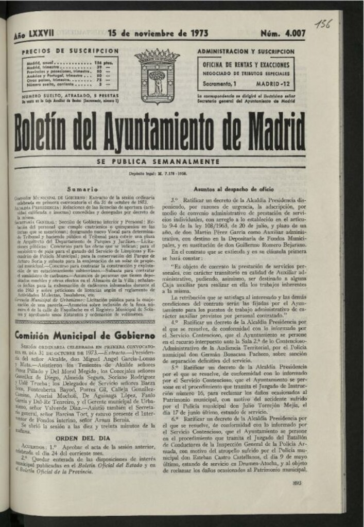 Miniatura de Boletín oficial del Ayuntamiento del 15 de noviembre de 1973, nº 4007
