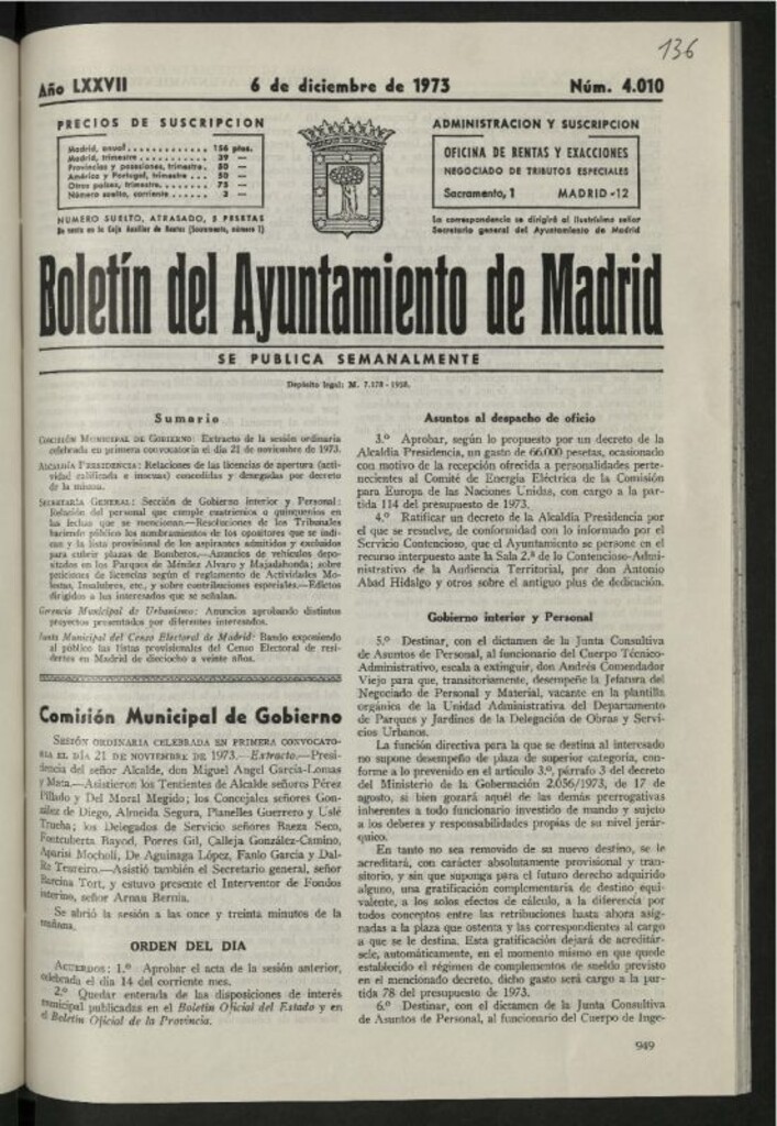 Miniatura de Boletín oficial del Ayuntamiento del 6 de diciembre de 1973, nº 4010