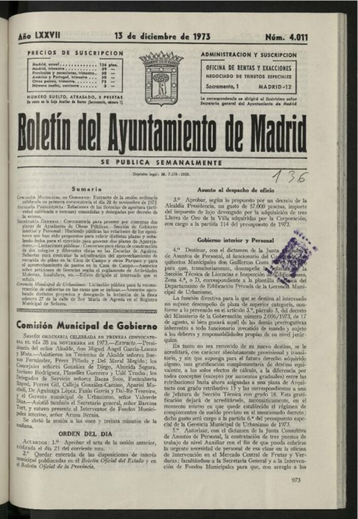 Miniatura de Boletín oficial del Ayuntamiento del 13 de diciembre de 1973, nº 4011
