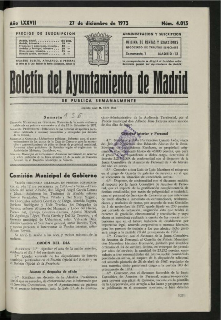 Miniatura de Boletín oficial del Ayuntamiento del 27 de diciembre de 1973, nº 4013