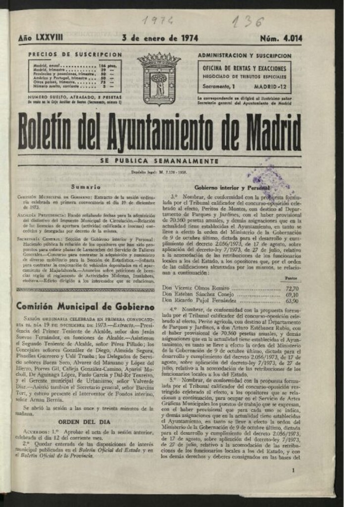 Miniatura de Boletín oficial del Ayuntamiento del 3 de enero de 1974, nº 4014