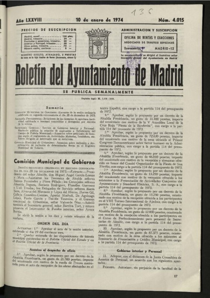 Miniatura de Boletín oficial del Ayuntamiento del 10 de enero de 1974, nº 4015