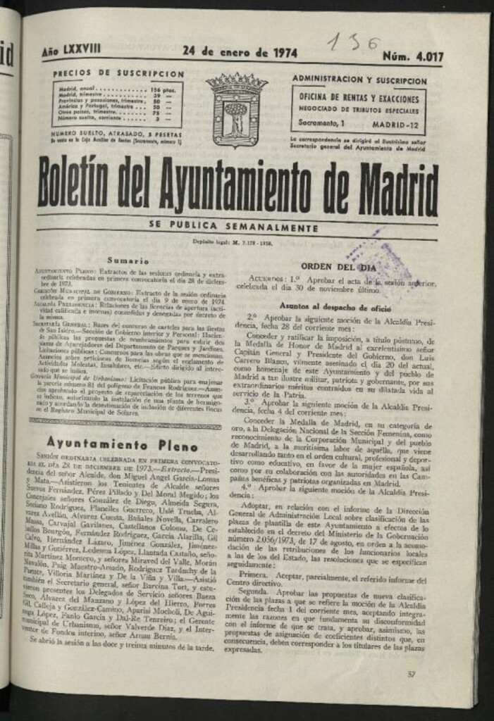 Miniatura de Boletín oficial del Ayuntamiento del 24 de enero de 1974, nº 4017