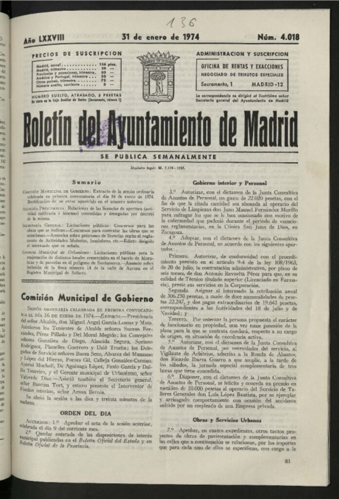Miniatura de Boletín oficial del Ayuntamiento del 31 de enero de 1974, nº 4018