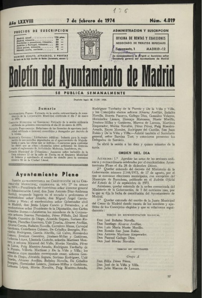 Miniatura de Boletín oficial del Ayuntamiento del 7 de febrero de 1974, nº 4019