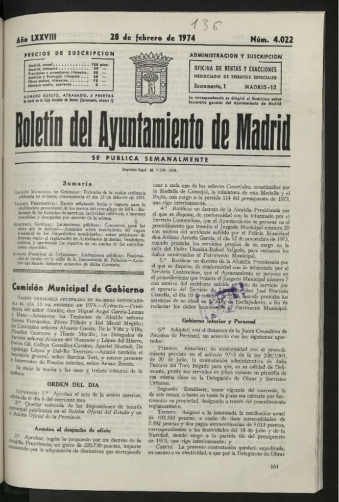 Miniatura de Boletín oficial del Ayuntamiento del 28 de febrero de 1974, nº 4022