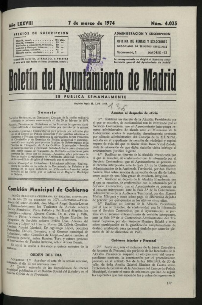 Miniatura de Boletín oficial del Ayuntamiento del 7 de marzo de 1974, nº 4023