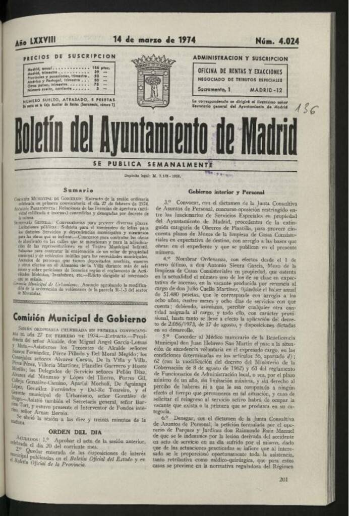 Miniatura de Boletín oficial del Ayuntamiento del 14 de marzo de 1974, nº 4024