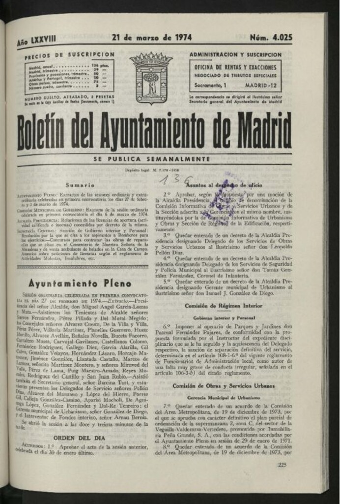Miniatura de Boletín oficial del Ayuntamiento del 21 de marzo de 1974, nº 4025