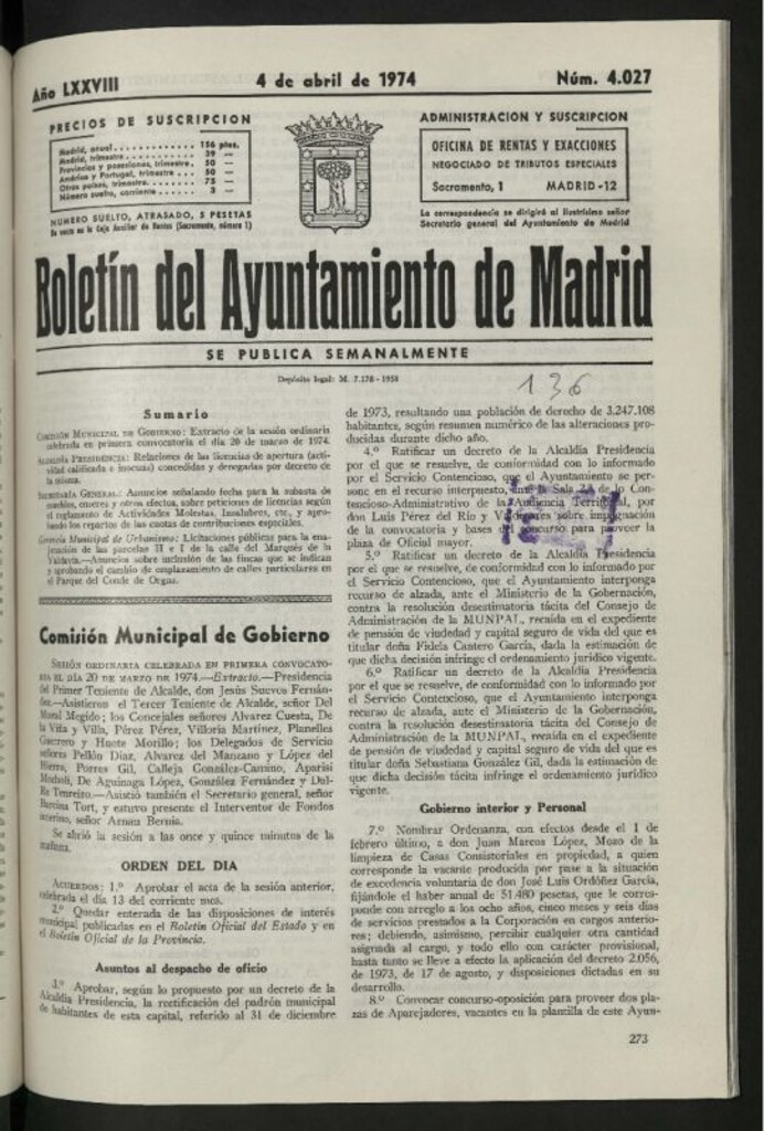Miniatura de Boletín oficial del Ayuntamiento del 4 de abril de 1974, nº 4027