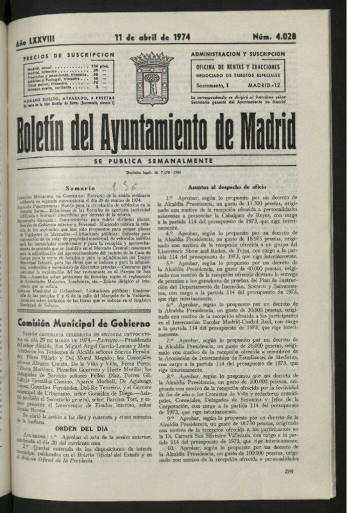 Miniatura de Boletín oficial del Ayuntamiento del 11 de abril de 1974, nº 4028