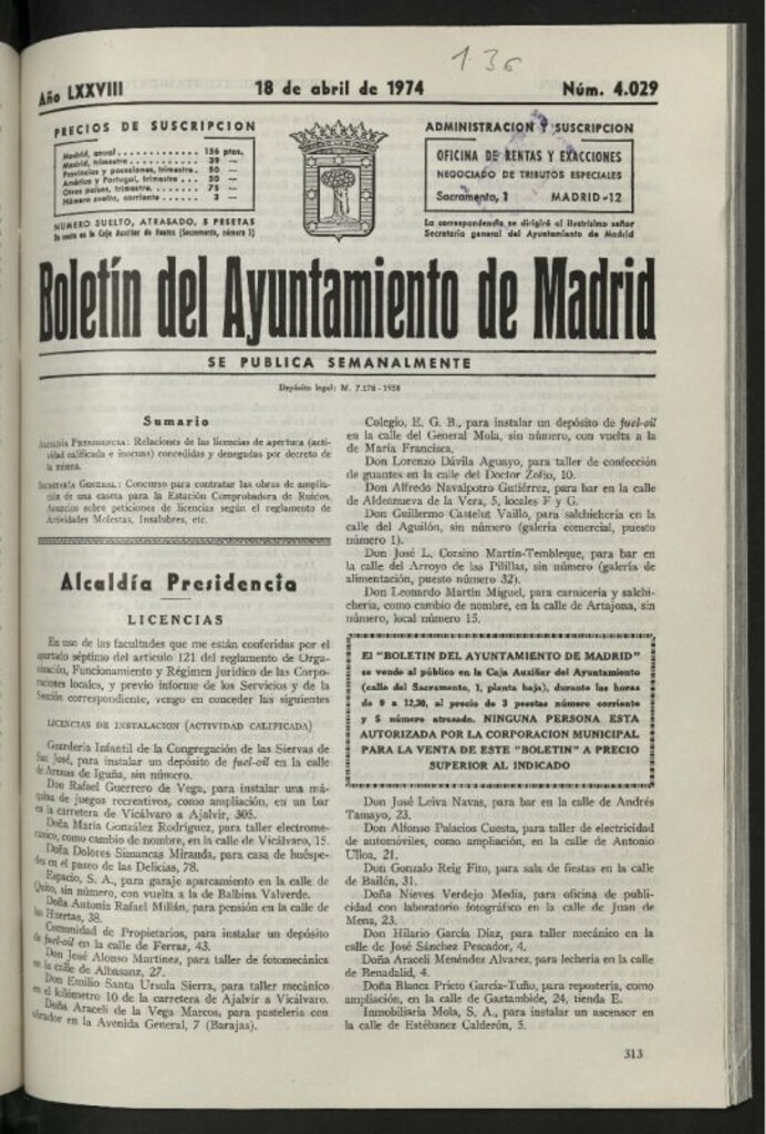 Miniatura de Boletín oficial del Ayuntamiento del 18 de abril de 1974, nº 4029