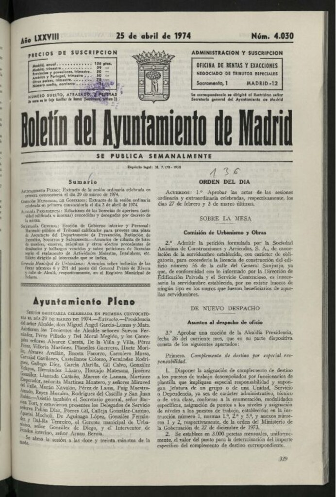 Miniatura de Boletín oficial del Ayuntamiento del 25 de abril de 1974, nº 4030