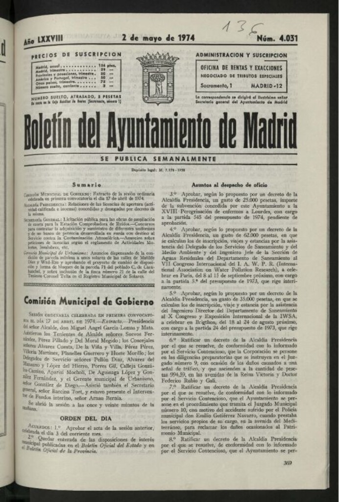 Miniatura de Boletín oficial del Ayuntamiento del 2 de mayo de 1974, nº 4031