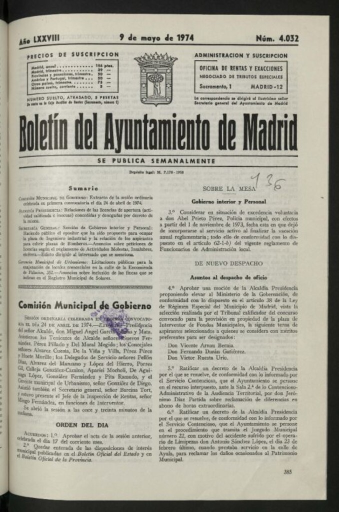 Miniatura de Boletín oficial del Ayuntamiento del 9 de mayo de 1974, nº 4032
