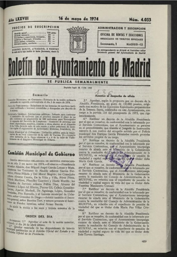 Miniatura de Boletín oficial del Ayuntamiento del 16 de mayo de 1974, nº 4033