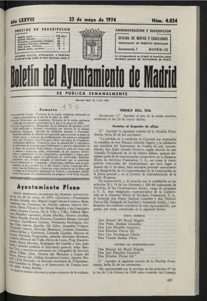 Miniatura de Boletín oficial del Ayuntamiento del 23 de mayo de 1974, nº 4034