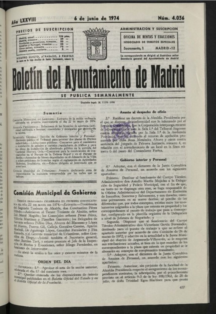 Miniatura de Boletín oficial del Ayuntamiento del 6 de junio de 1974, nº 4036