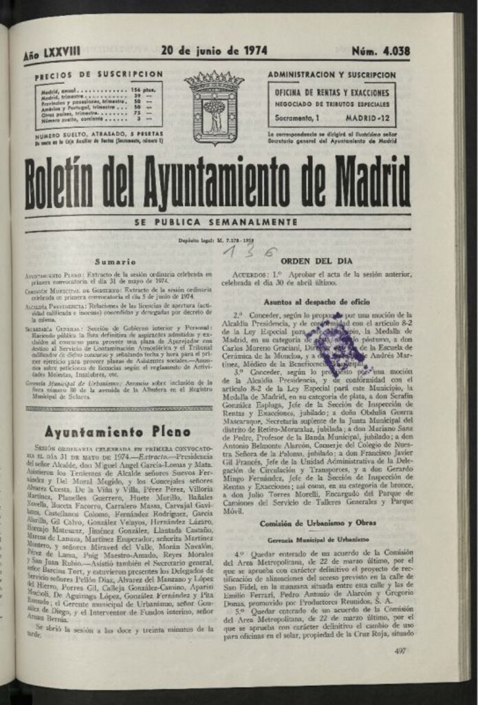 Miniatura de Boletín oficial del Ayuntamiento del 20 de junio de 1974, nº 4038