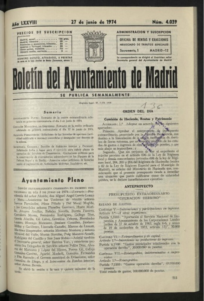 Miniatura de Boletín oficial del Ayuntamiento del 27 de junio de 1974, nº 4039