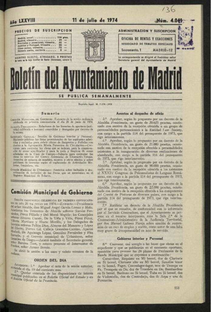 Miniatura de Boletín oficial del Ayuntamiento del 11 de julio de 1974, nº 4041