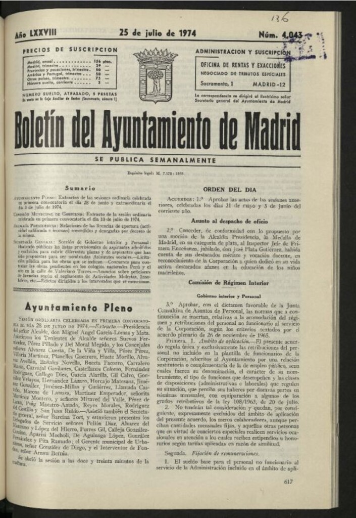 Miniatura de Boletín oficial del Ayuntamiento del 25 de julio de 1974, nº 4043