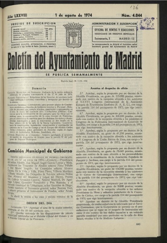 Miniatura de Boletín oficial del Ayuntamiento del 1 de agosto de 1974, nº 4044