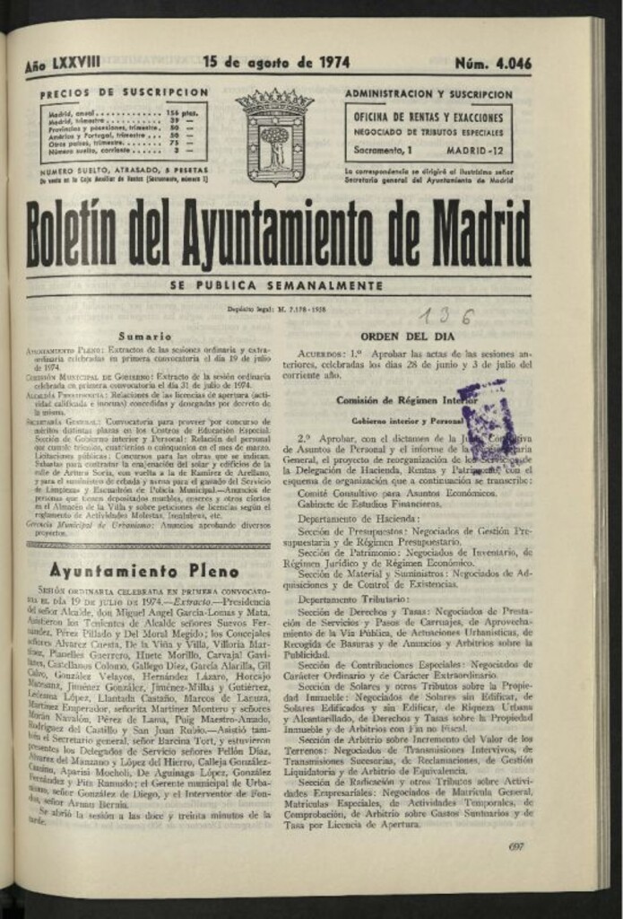 Miniatura de Boletín oficial del Ayuntamiento del 15 de agosto de 1974, nº 4046