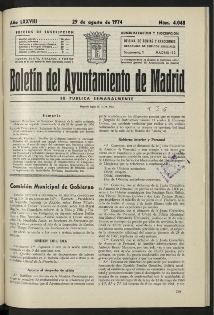 Miniatura de Boletín oficial del Ayuntamiento del 29 de agosto de 1974, nº 4048