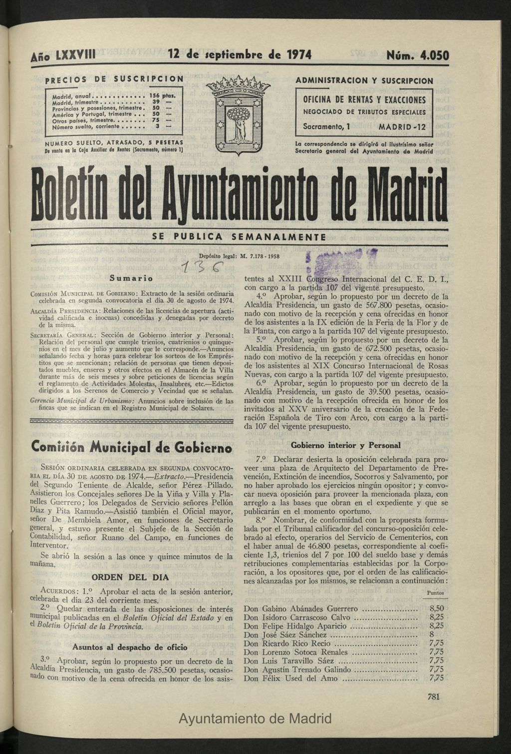 Miniatura de Boletín oficial del Ayuntamiento del 12 de septiembre de 1974, nº 4050