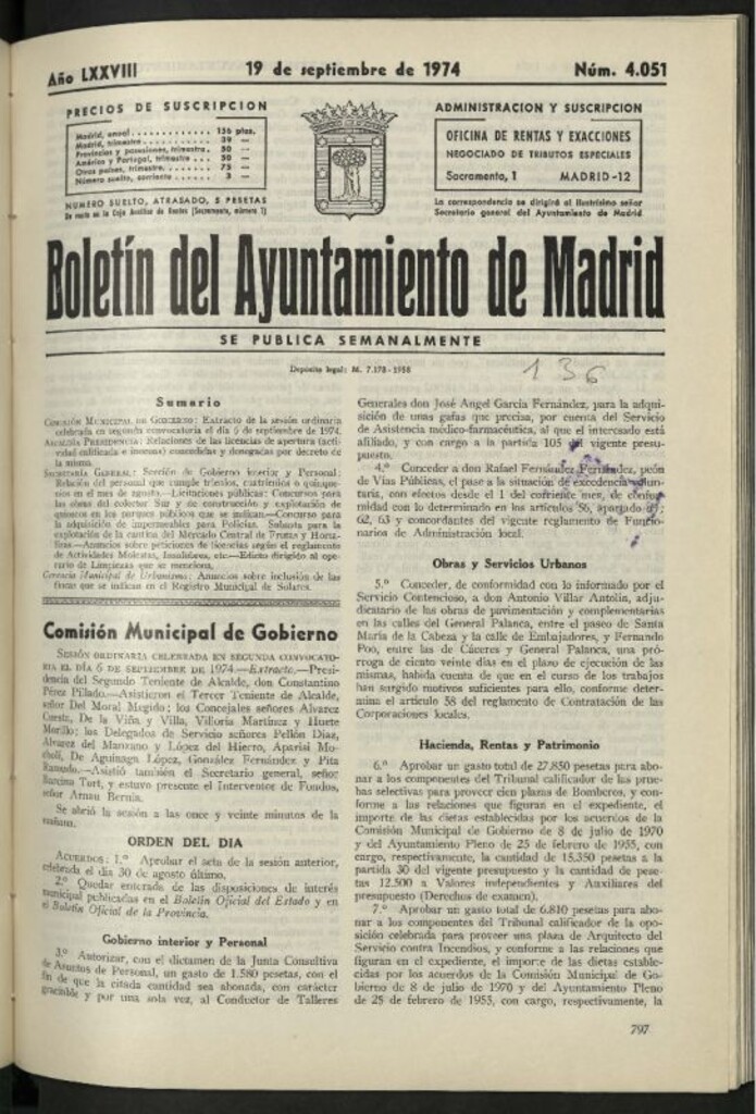 Miniatura de Boletín oficial del Ayuntamiento del 19 de septiembre de 1974, nº 4051