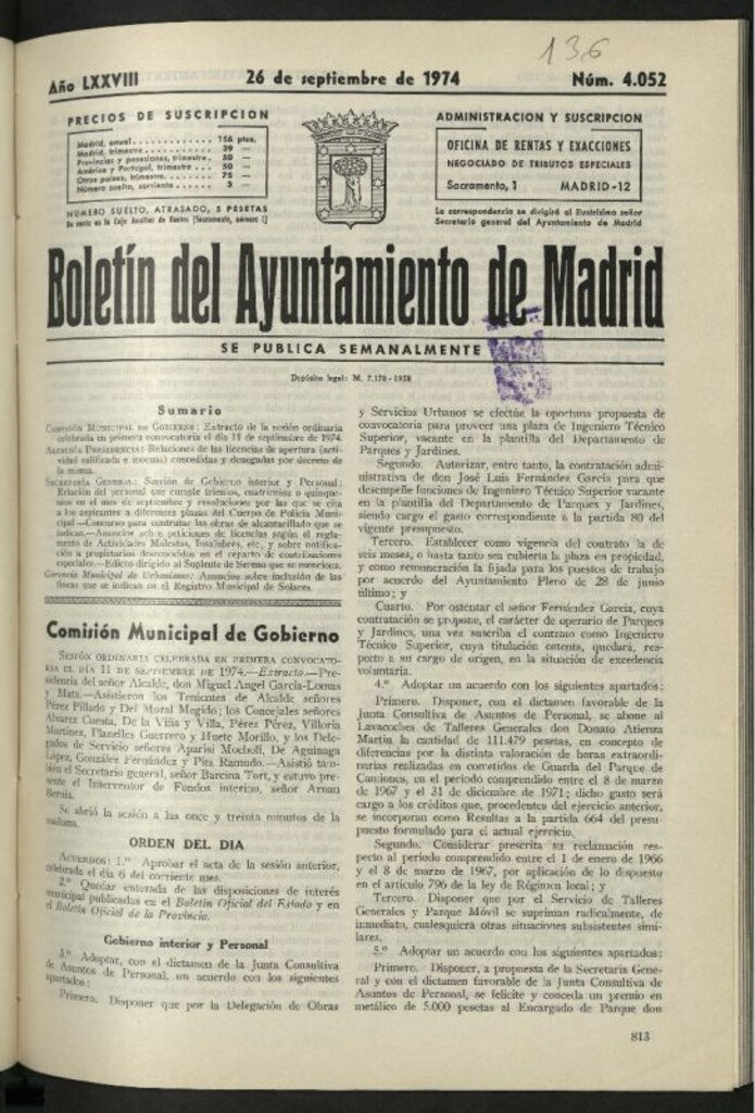 Miniatura de Boletín oficial del Ayuntamiento del 26 de septiembre de 1974, nº 4052