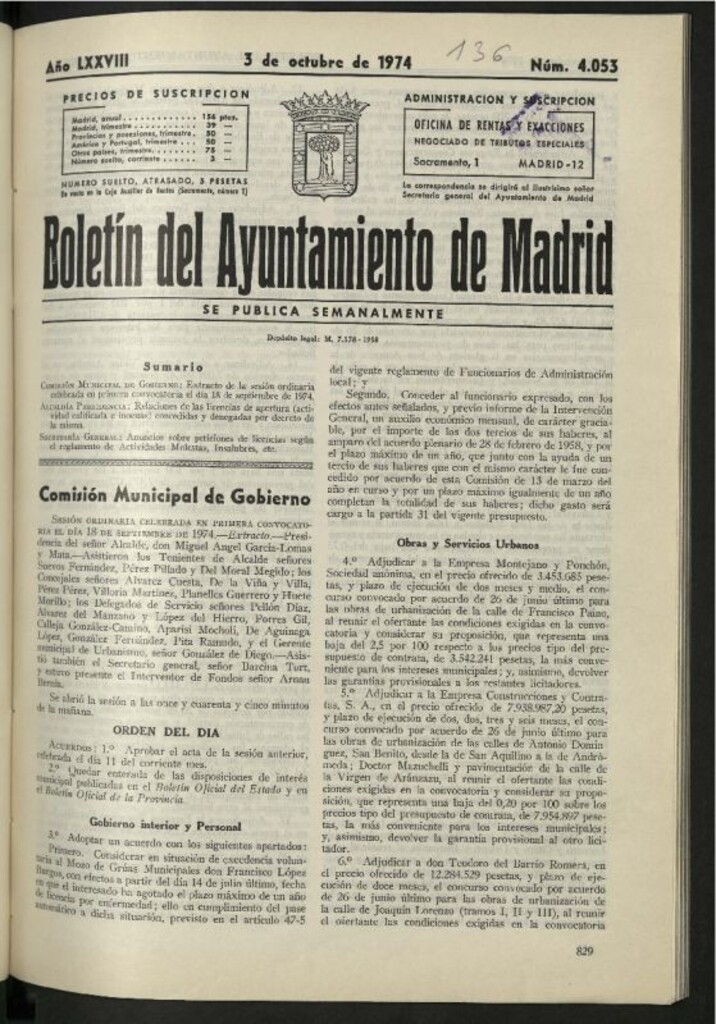 Miniatura de Boletín oficial del Ayuntamiento del 3 de octubre de 1974, nº 4053