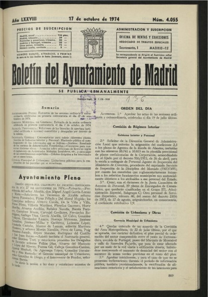 Miniatura de Boletín oficial del Ayuntamiento del 17 de octubre de 1974, nº 4055