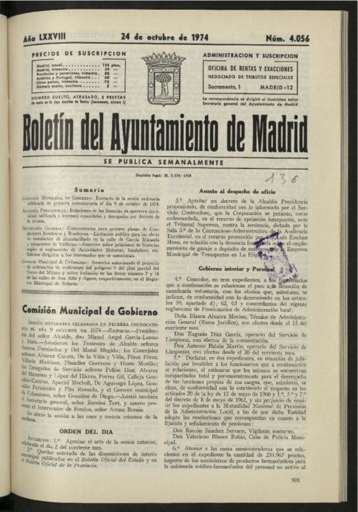 Miniatura de Boletín oficial del Ayuntamiento del 24 de octubre de 1974, nº 4056