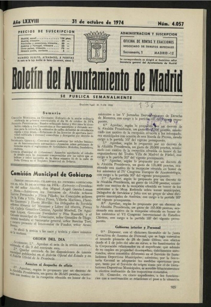 Miniatura de Boletín oficial del Ayuntamiento del 31 de octubre de 1974, nº 4057