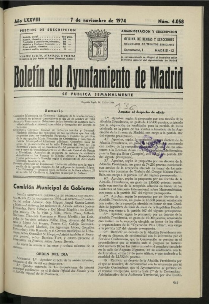 Miniatura de Boletín oficial del Ayuntamiento del 7 de noviembre de 1974, nº 4058