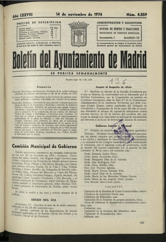 Miniatura de Boletín oficial del Ayuntamiento del 14 de noviembre de 1974, nº 4059