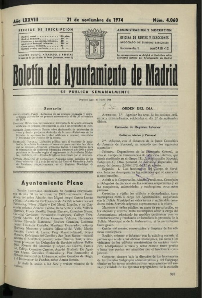 Miniatura de Boletín oficial del Ayuntamiento del 21 de noviembre de 1974, nº 4060
