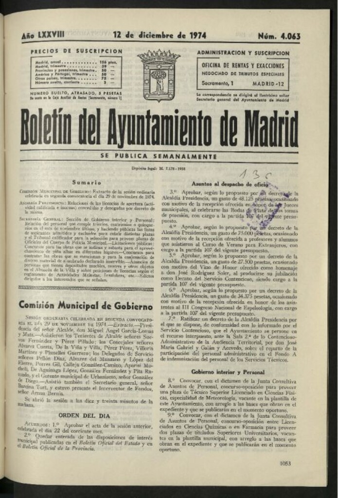 Miniatura de Boletín oficial del Ayuntamiento del 12 de diciembre de 1974, nº 4063