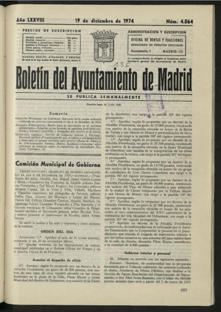 Miniatura de Boletín oficial del Ayuntamiento del 19 de diciembre de 1974, nº 4064
