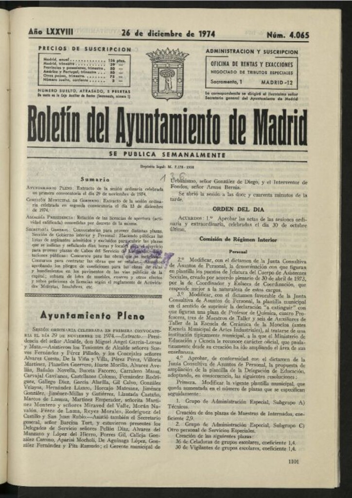 Miniatura de Boletín oficial del Ayuntamiento del 26 de diciembre de 1974, nº 4065