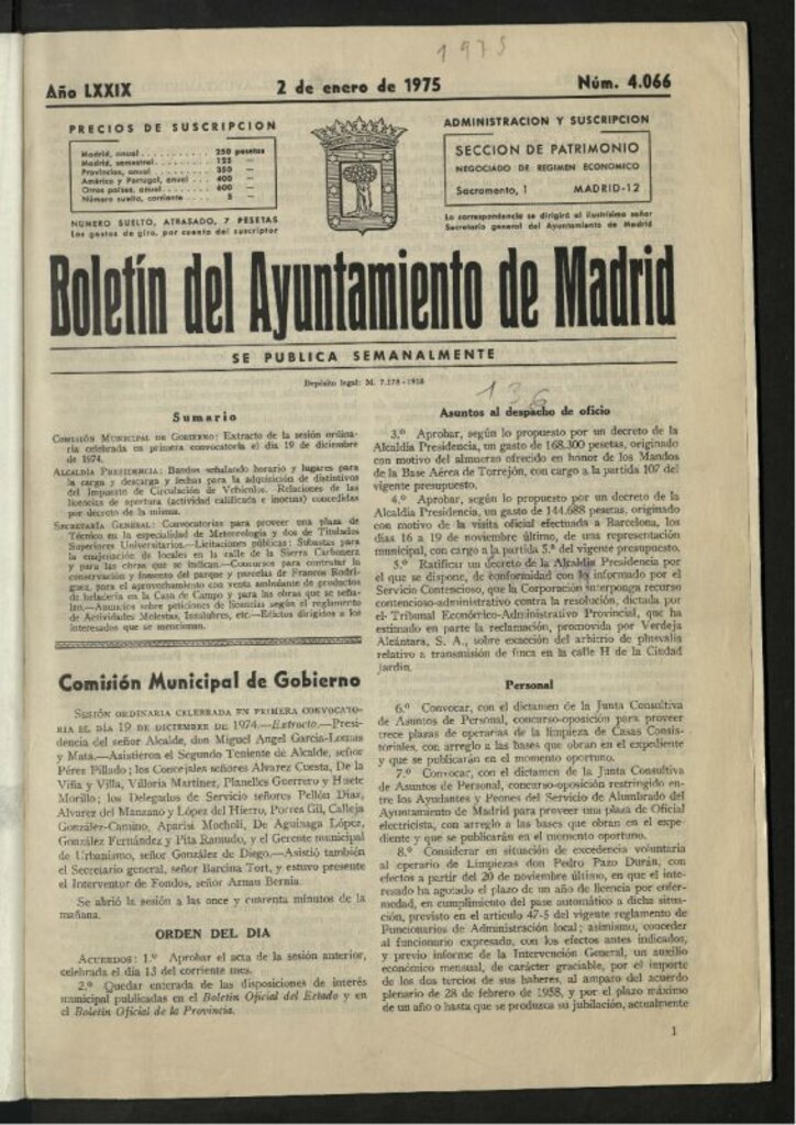 Miniatura de Boletín oficial del Ayuntamiento del 2 de enero de 1975, nº 4066